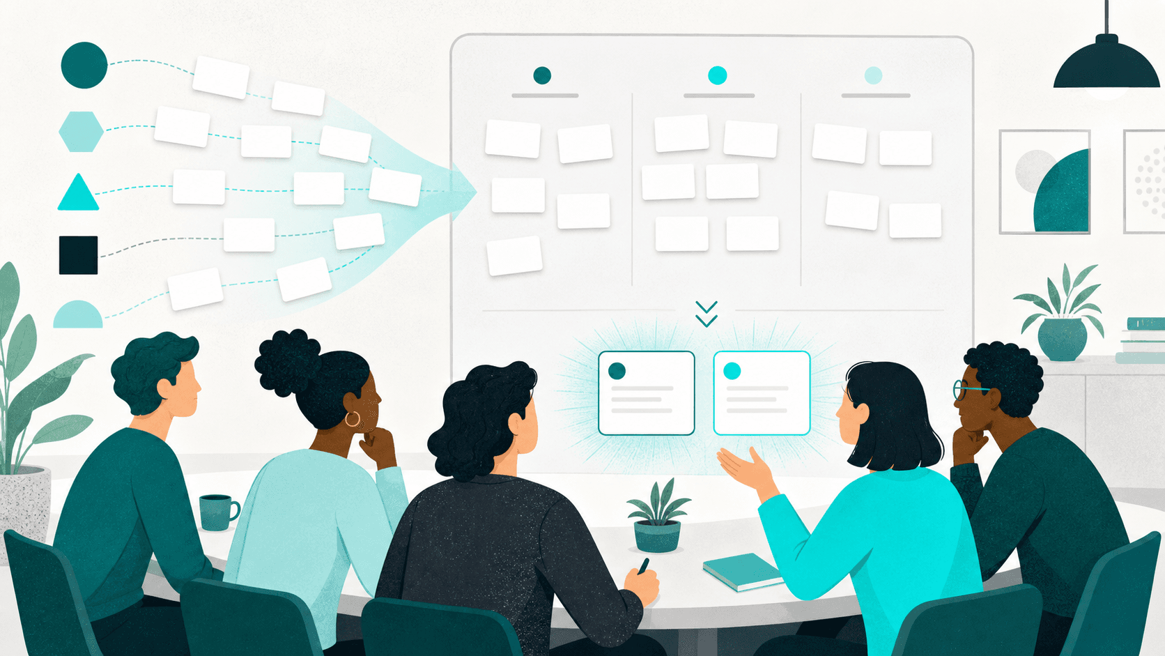 Five teammates review anonymous sprint feedback and select two shared action items during a retrospective.