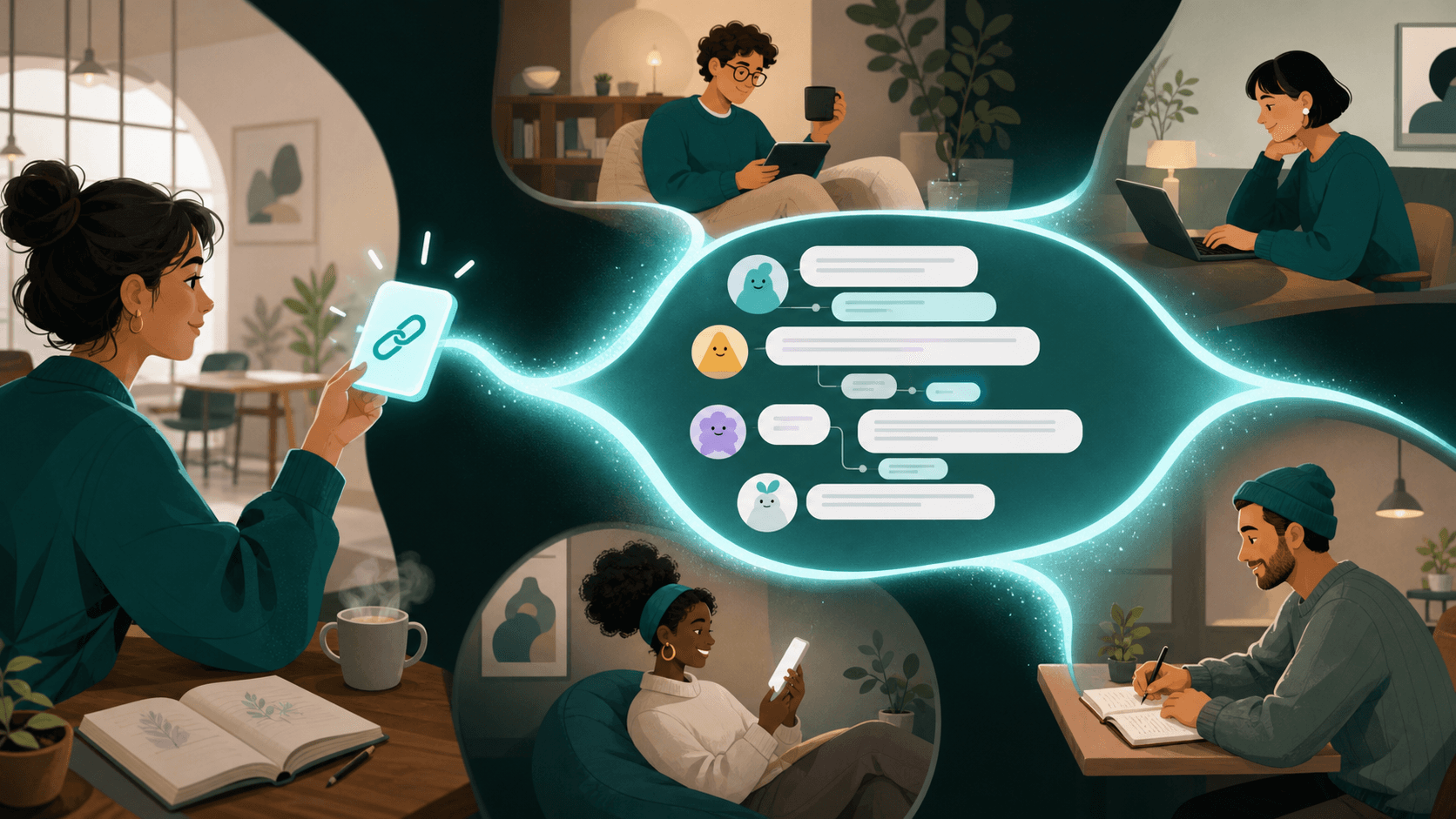 A private link connects a small group to a threaded discussion under fresh pseudonyms without participant logins.