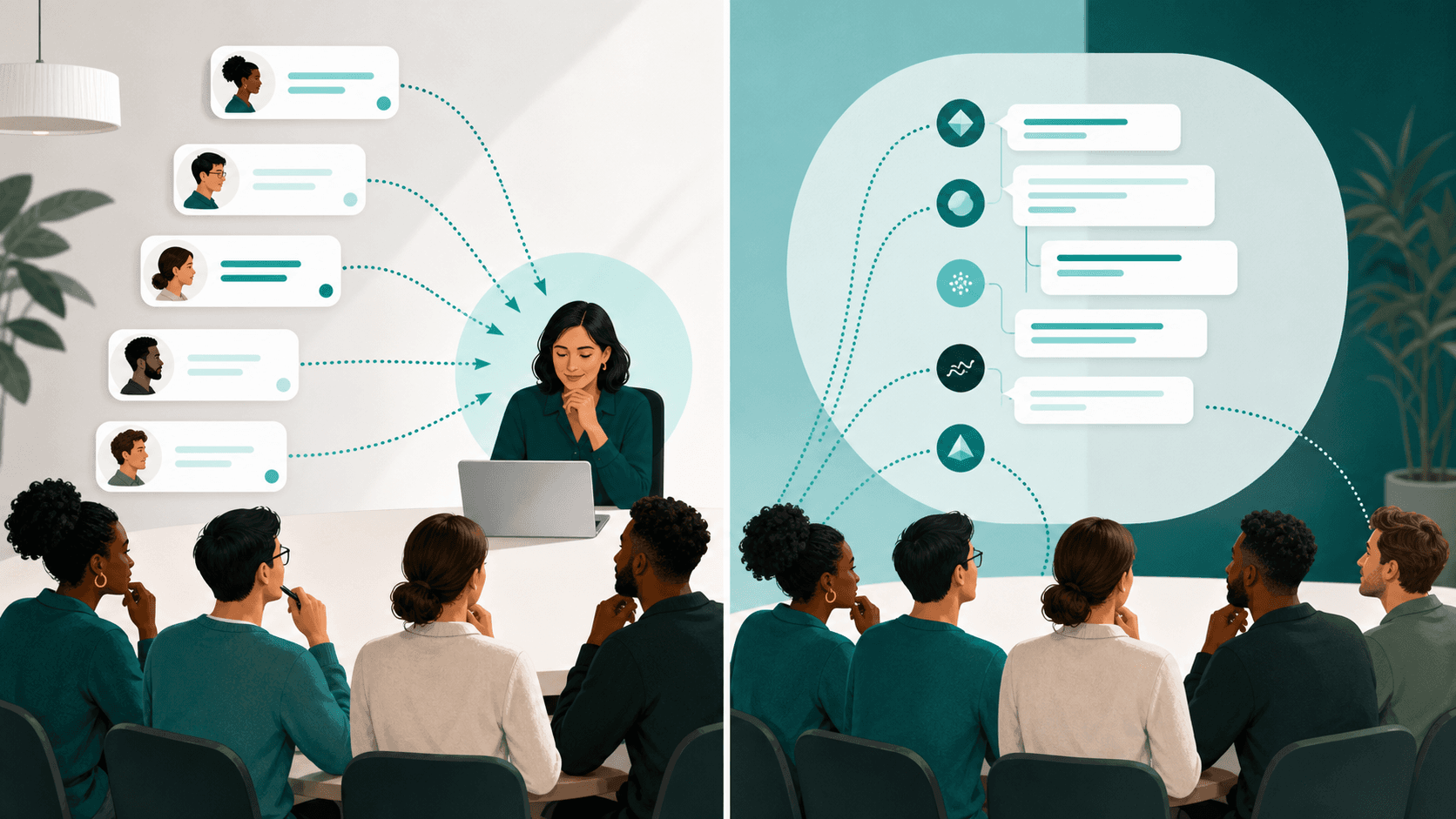 Confidential feedback linked to identities and anonymous discussion using pseudonymous message threads, shown side by side.