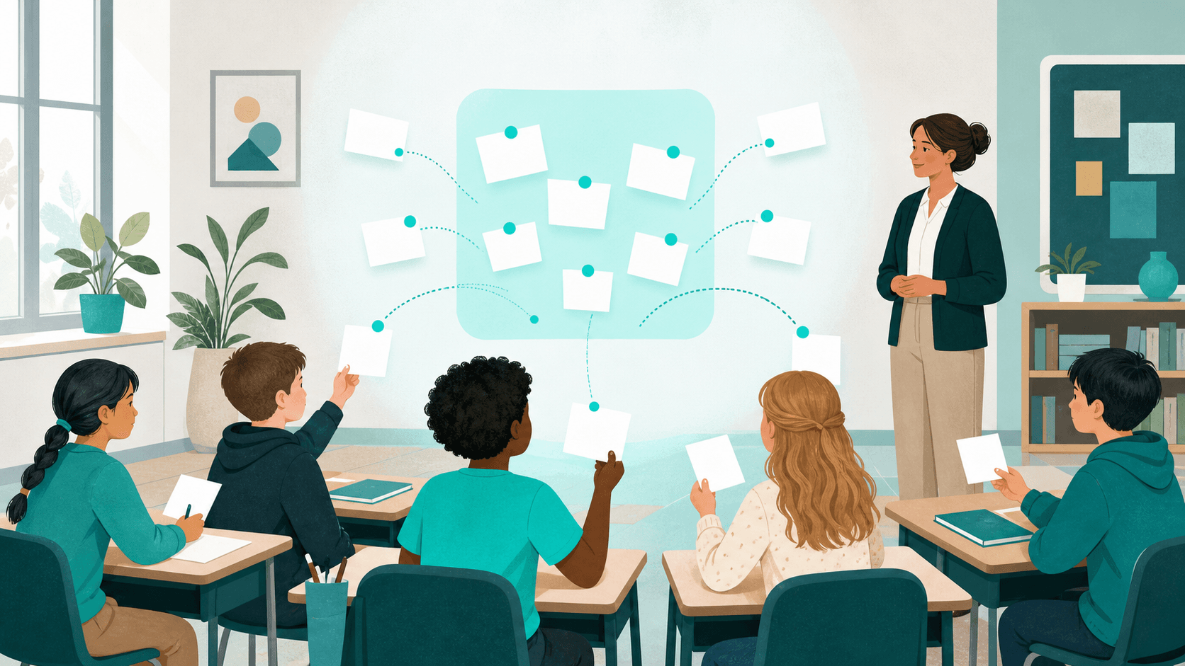 Students contribute anonymous question cards to a shared classroom discussion while a teacher facilitates.